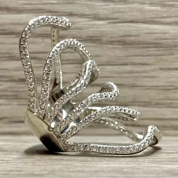 Italian Silver Sterling Silver Free-Form Crystal Full Finger Cage Ring, Size 5 - Picture 4 of 8
